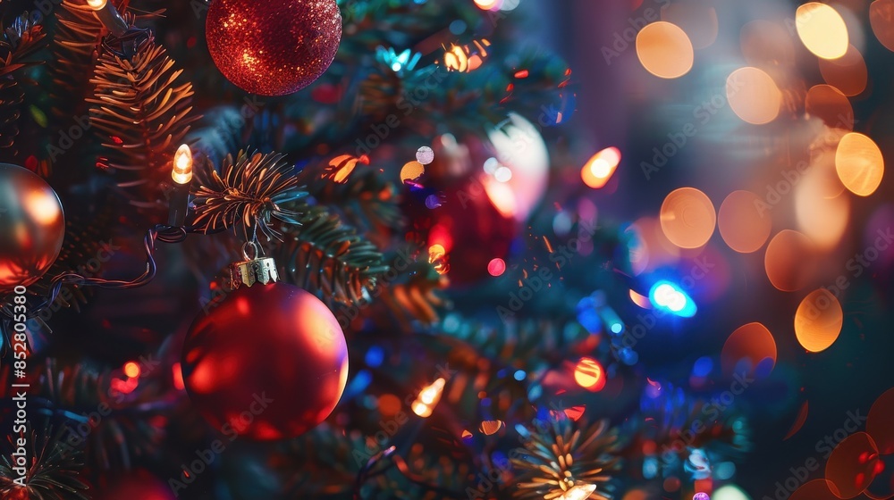 Poster a close-up image of a decorated christmas tree with red and gold ornaments, showing the shiny textur