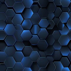 A close-up image of an abstract 3D hexagon pattern in a dark blue color. The hexagons are arranged in a random, overlapping pattern, creating a sense of depth and texture. The image has a sleek, moder