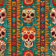 A repeating pattern featuring colorful sugar skulls with intricate details against a turquoise background. The skulls are adorned with flowers, hearts, and dots, creating a vibrant and festive design.