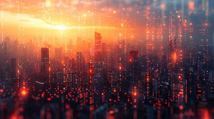 Fototapeta premium Modern cityscape combined with a business data analytics dashboard, the overlay demonstrating the harmonious blend of finance and technology driving contemporary business success.