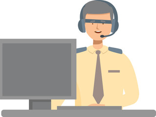 Airport employee wearing headset smiling and working at his desk on a computer