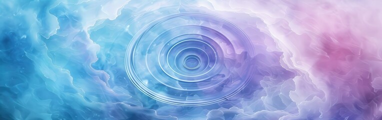 Fototapeta premium A digital image with an abstract, artistic design, featuring a series of concentric circles that appear to be rippling outward over a background of swirling, wispy clouds in shades of blue and pink. T