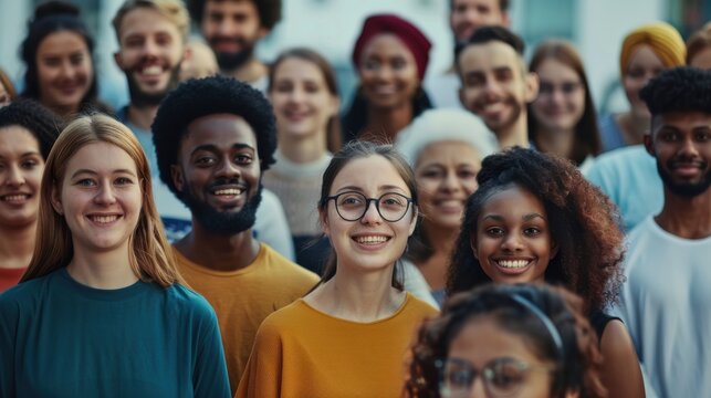 This image shows a diverse group of people standing in a city setting. They are all smiling and looking directly at the camera, demonstrating a sense of unity and shared joy. The image captures the vi