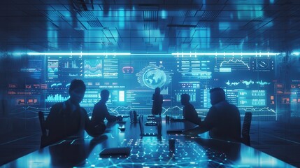 A team of professionals sits at a desk in a modern office, working on computers while a large screen behind them displays global data and information. The screen is filled with digital dashboards, cha