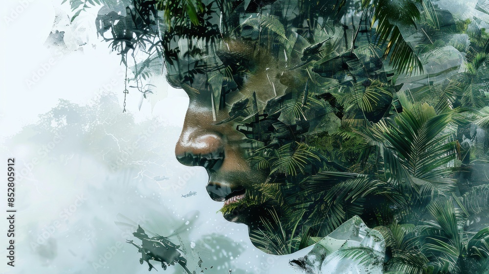 Poster a close-up image of a mans profile, overlaid with a vibrant green jungle scene. the mans face is par