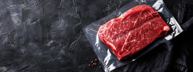 Fresh raw beef steak sealed in a vacuum pack, preserving its quality and freshness. Beef steak banner
