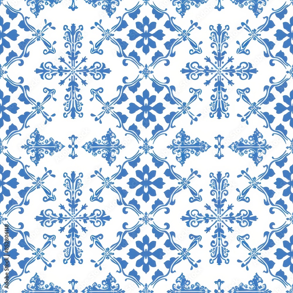 Leinwandbilder This is a close-up view of a classic geometric tile pattern design. The pattern features blue and white colors and is comprised of repeated motifs of four-pointed stars and flowers.