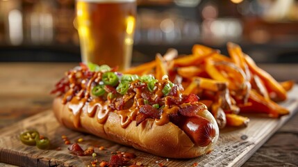 Gourmet Hot Dog with Toppings on Rustic Wooden Table