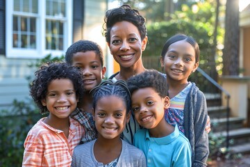 Happy family group portrait in casual wear, smiling outdoors. Vibrant colors, warm day. Perfect for family, lifestyle, and diversity themes. Suitable for prints and stock use. Generative AI