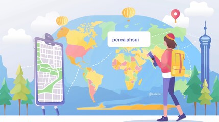 Illustration of a traveler with a backpack using a smartphone for navigation in front of a world map, hot air balloons, and trees.