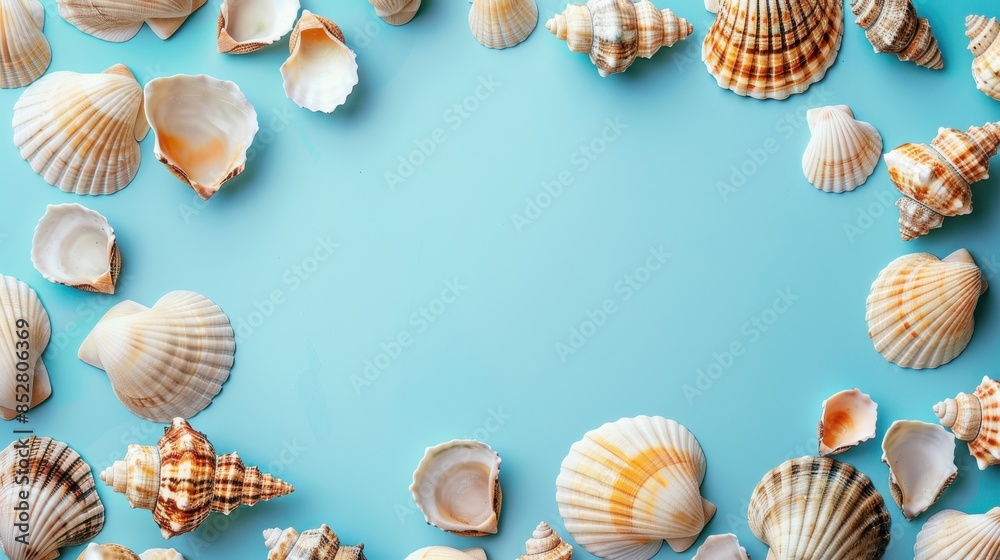 Poster An image of various seashells arranged around a light blue background. The shells are mostly in the center and top corners of the image, leaving space in the middle. There are a few broken shells as w