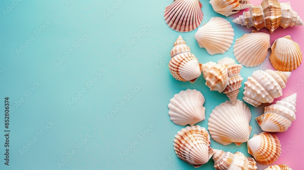 Poster A collection of seashells arranged on a blue and pink background. The seashells are of various shapes and sizes, and they are arranged in a random order. The background is a simple, solid color, which
