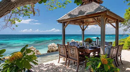 A beach scene with a gazebo and a table with chairs. The table is set for a meal and there are several potted plants around the area