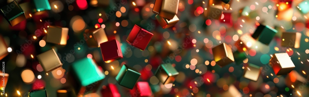 Poster A colorful image of Christmas lights and boxes. The boxes are in various sizes and colors, and they are scattered throughout the image. Scene is festive and joyful