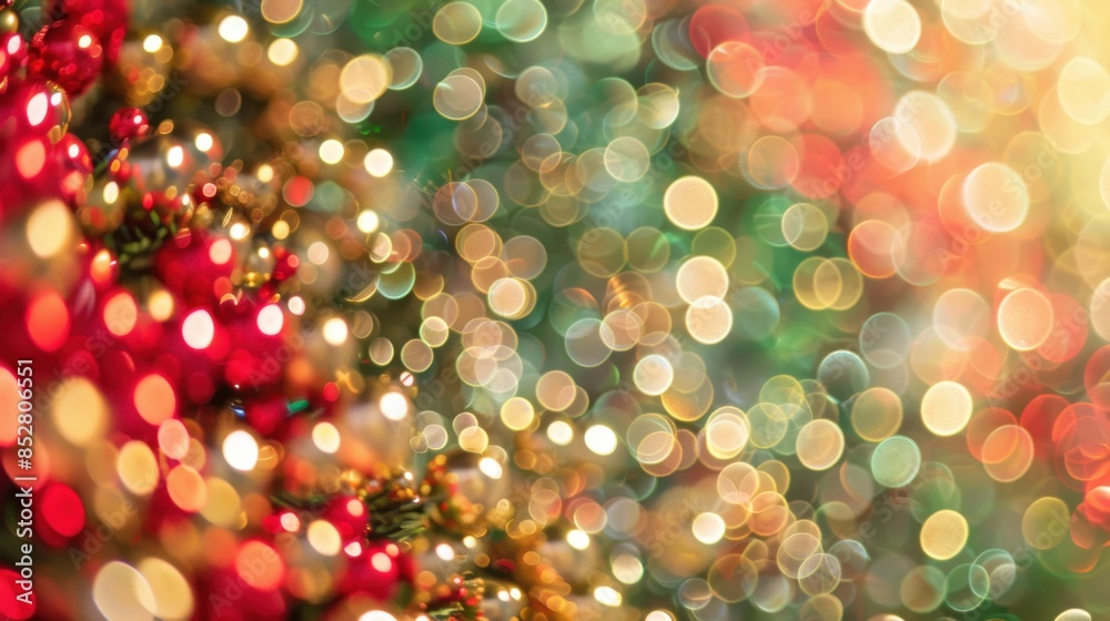 Poster a christmas tree with many lights and ornaments. the tree is decorated with red, green, and gold orn
