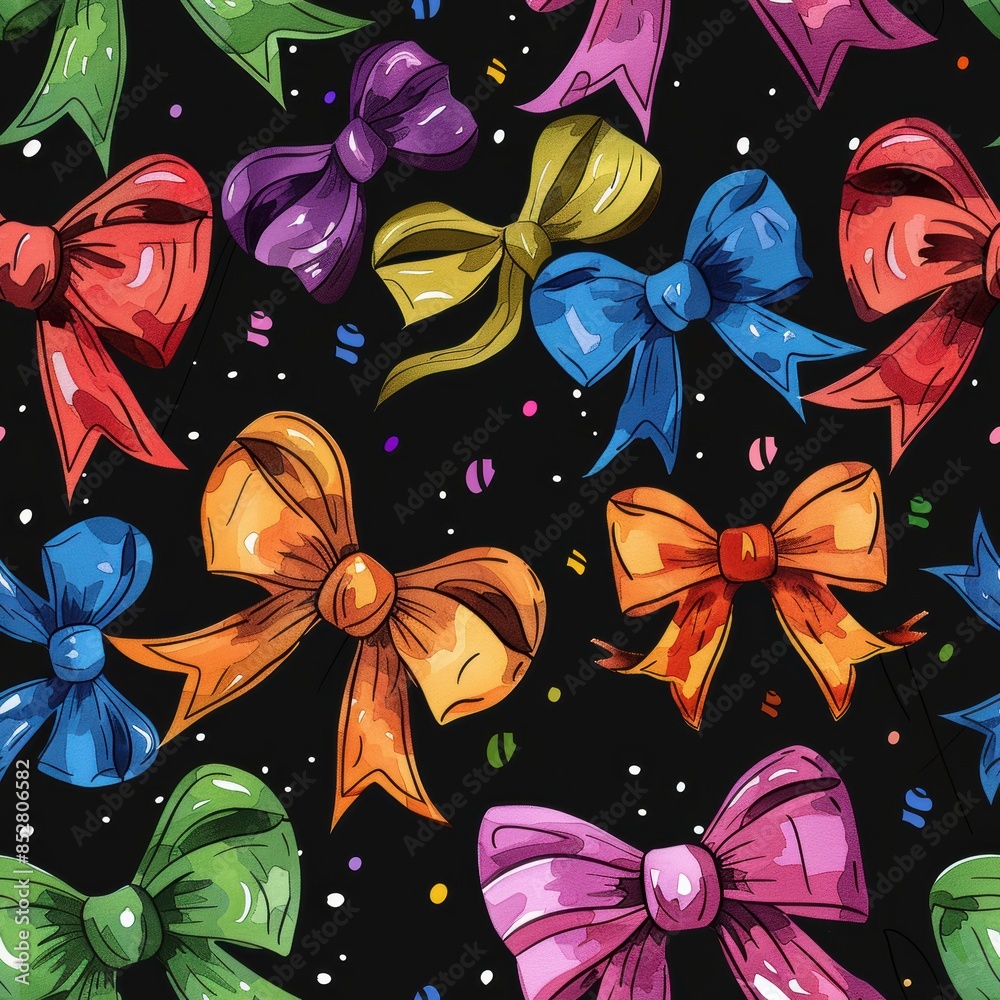 Poster This image features a seamless pattern of brightly colored bows on a black background. The bows are drawn in a cartoon style and are arranged in a random, overlapping pattern. The background is dotted