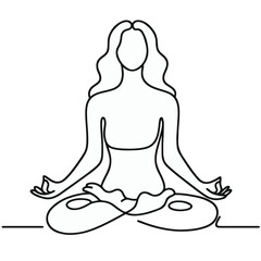 women performing yoga line art, Continuous line drawing of meditating girl, One line woman sitting in lotus pose yoga