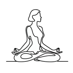 women performing yoga line art, Continuous line drawing of meditating girl, One line woman sitting in lotus pose yoga