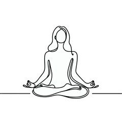 women performing yoga line art, Continuous line drawing of meditating girl, One line woman sitting in lotus pose yoga