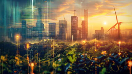 Futuristic city skyline blending with nature, featuring digital overlays and a wind turbine at sunset, symbolizing technology and sustainability.