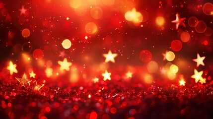 A festive, blurred background with red glitter and shimmering gold stars. The image evokes a sense of warmth and celebration, perfect for holiday-themed designs or presentations. The soft focus and bo