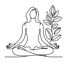 women performing yoga line art, Continuous line drawing of meditating girl, One line woman sitting in lotus pose yoga