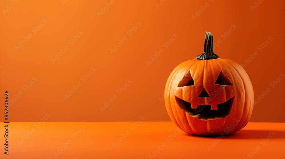 Poster a carved pumpkin jack-o-lantern with a smiling face sits on a solid orange background. the pumpkin i