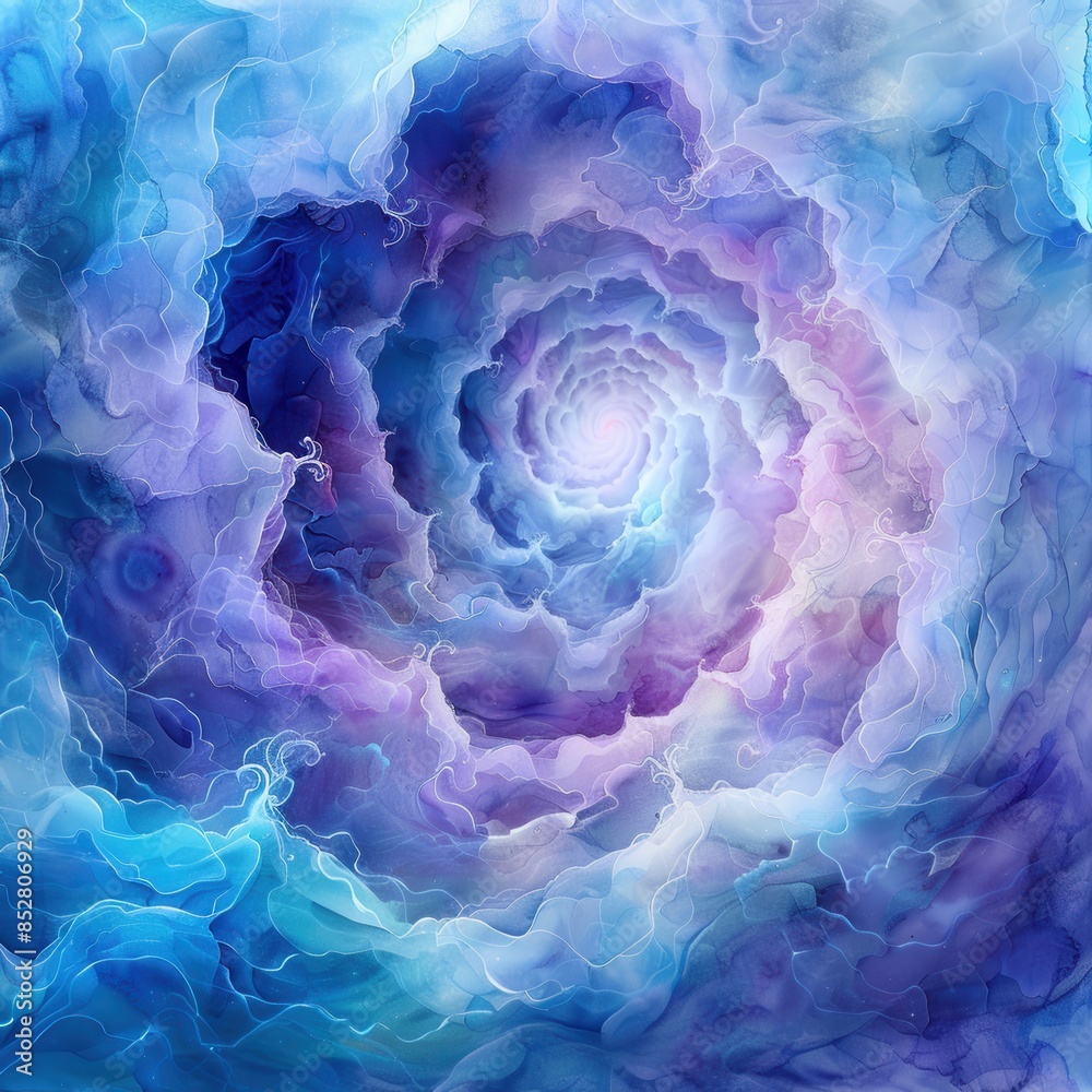 Poster A digital artwork featuring a swirling, abstract cloudscape in shades of blue and purple. The center of the image features a white light, suggesting a portal or celestial gateway. The overall effect i
