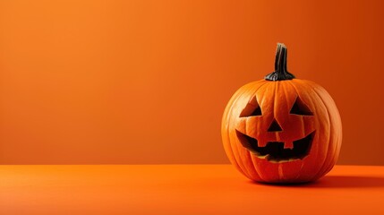 A carved pumpkin jack-o-lantern with a smiling face sits on a solid orange background. The pumpkin is lit from the front, highlighting the carved features.