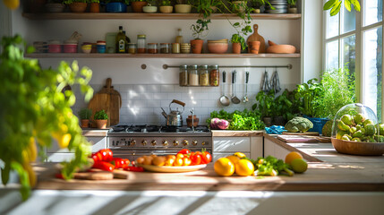 A serene kitchen scene with fresh vegetables and fruits being prepared for a nutritious plant-based meal, highlighting the rise of plant-based diets