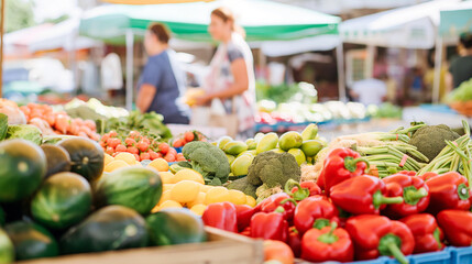 A vibrant market scene with shoppers selecting fresh, organic produce, reflecting the growing popularity and health benefits of plant-based diets