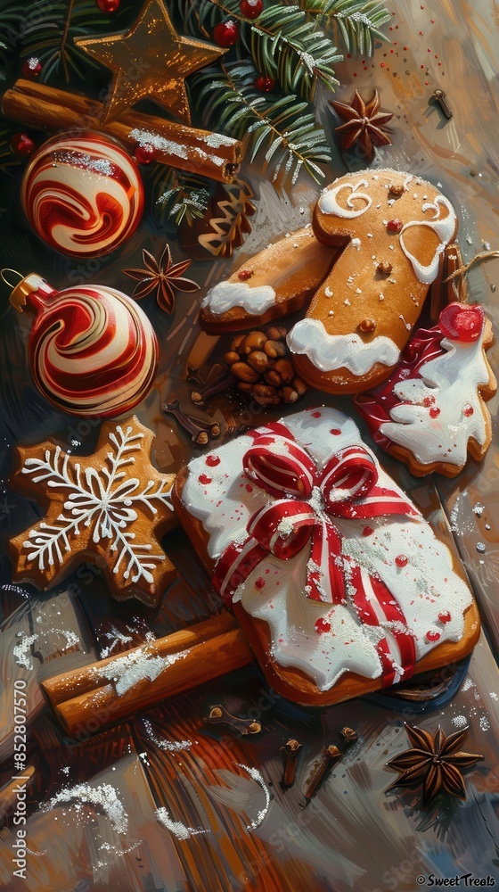 Poster a close-up image of a collection of christmas gingerbread cookies and ornaments arranged on a wooden