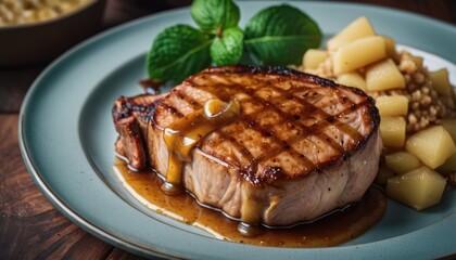 Tender pork chop with grill marks, served with flavorful gravy, creamy mashed potatoes, and roasted apples, finished with a mint garnish