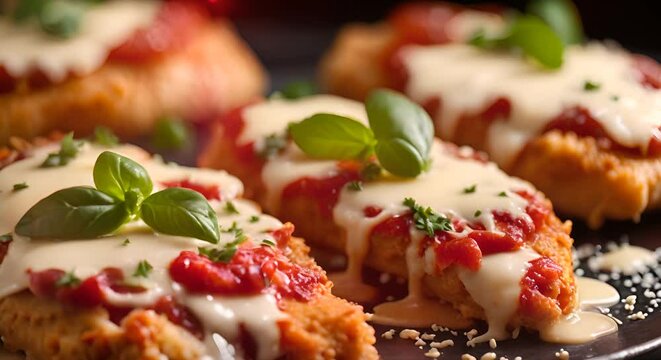 Close-up of Italian-style chicken parmesan made from scratch with cheese and sauce.