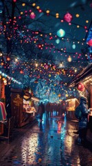 Obraz premium A bustling European night market is illuminated by colorful string lights strung between wooden stalls, creating a festive atmosphere. The cobblestone streets are wet from recent rain, reflecting the 