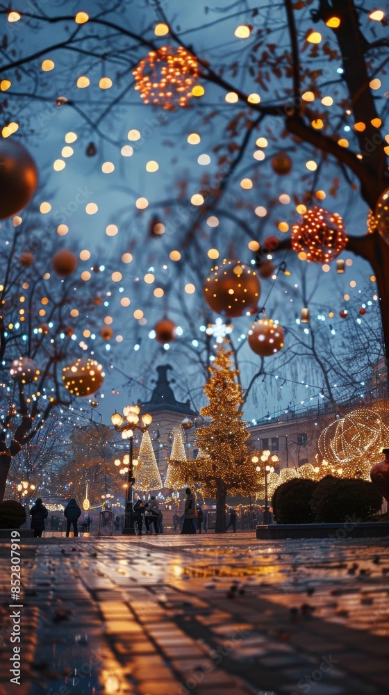 Poster this image shows a beautifully decorated street in a european city at night. the trees are adorned w