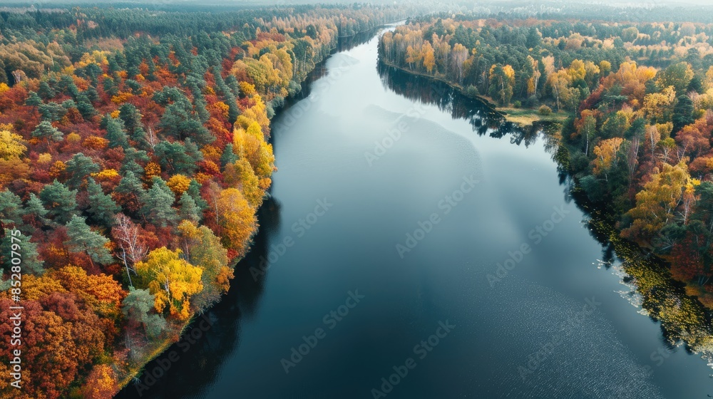 Canvas Prints Aerial View of Autumn Forest and River Captured by Drone