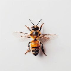 overhead shot of honey bee apis mellifera on white background.