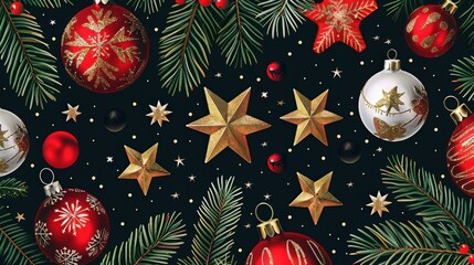 A festive Christmas background featuring red and white ornaments with gold accents, pine branches, gold stars, and red berries, all set against a black background. The image is a classic representatio