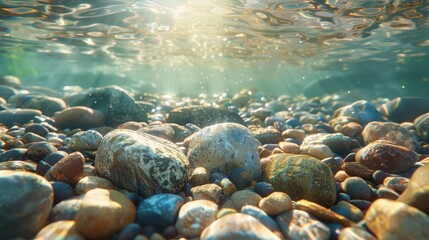 A rocky beach with a lot of rocks scattered around. The rocks are of different sizes and colors, and the water is calm. The scene has a peaceful and serene mood, with the sun shining on the water