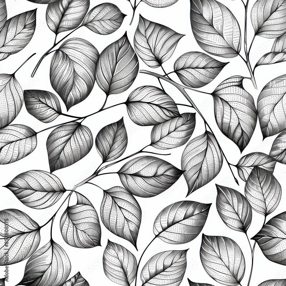 Poster A seamless pattern of black and white detailed leaf illustrations. The leaves are drawn in a realistic style, with visible veins and textures. The pattern is perfect for adding a touch of nature to an
