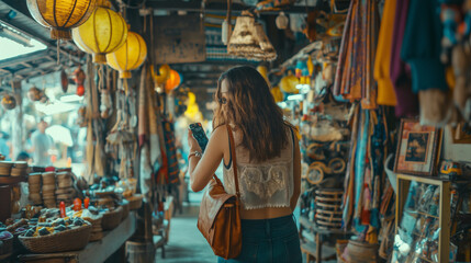 A travel influencer documenting their journey through a bustling market, showcasing local crafts and engaging with artisans