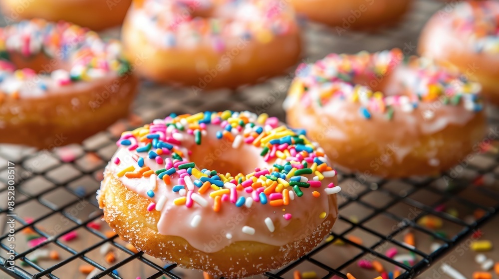 Wall mural Freshly baked homemade donuts topped with colorful rainbow sprinkles placed on a wire cooling rack