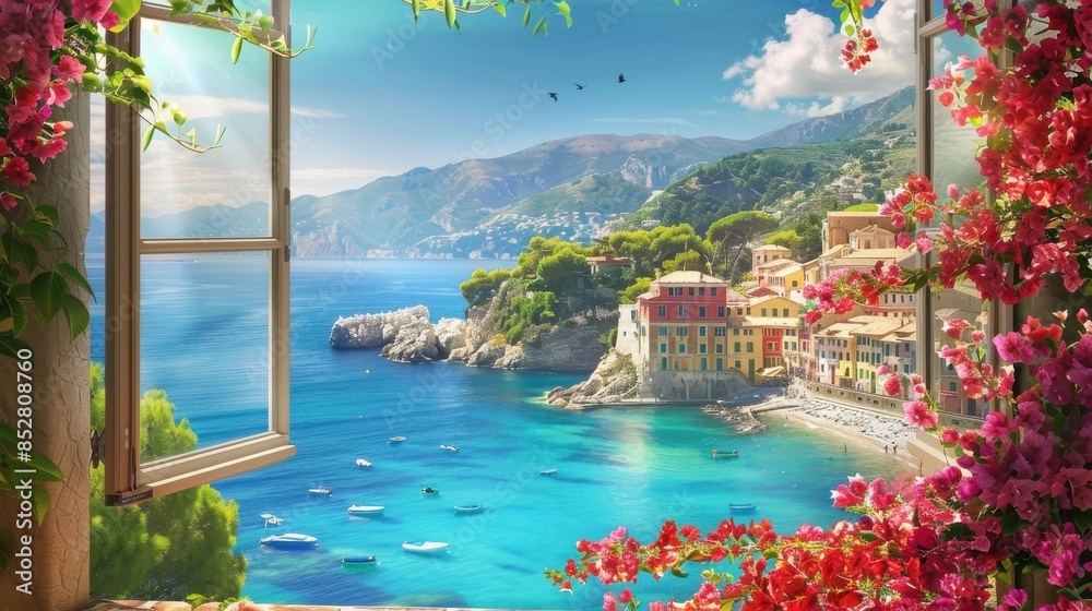 Aufkleber a beautiful view of a beach and a small town with a window overlooking the ocean. the scene is seren
