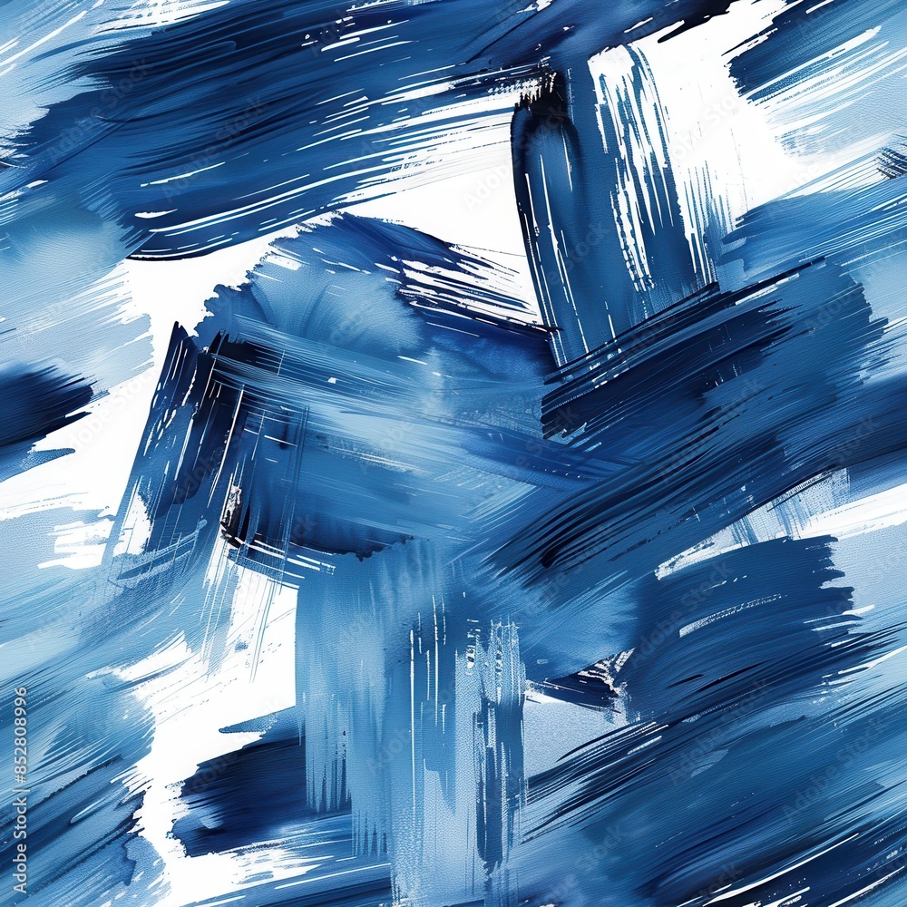 Poster This image features a seamless pattern of abstract watercolor paint strokes in various shades of blue, creating a dynamic and visually appealing design. The brushstrokes are overlapping and layered, c