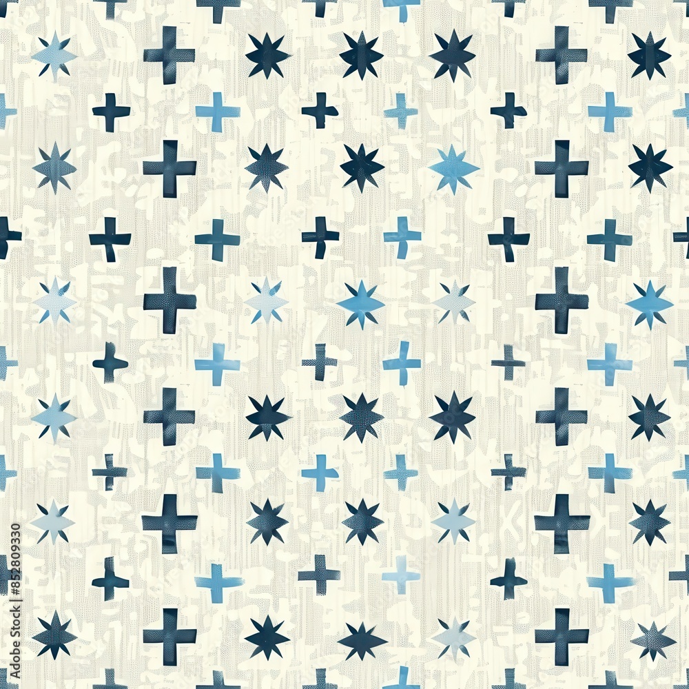 Aufkleber this image showcases a repeating pattern of blue plus signs and stars on a white background. the des