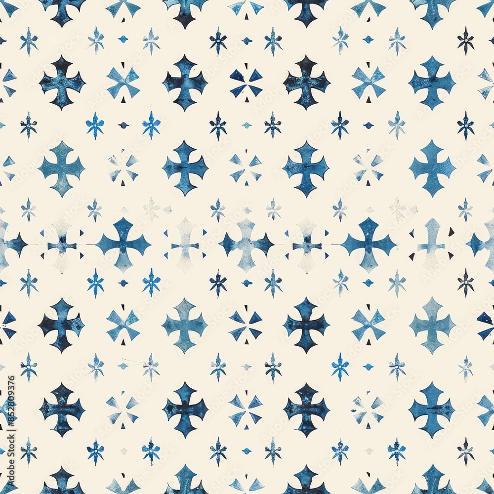 Poster This image depicts a seamless pattern of blue watercolor crosses and stars on a white background. The crosses are large and bold, while the stars are smaller and more delicate. The pattern is simple a
