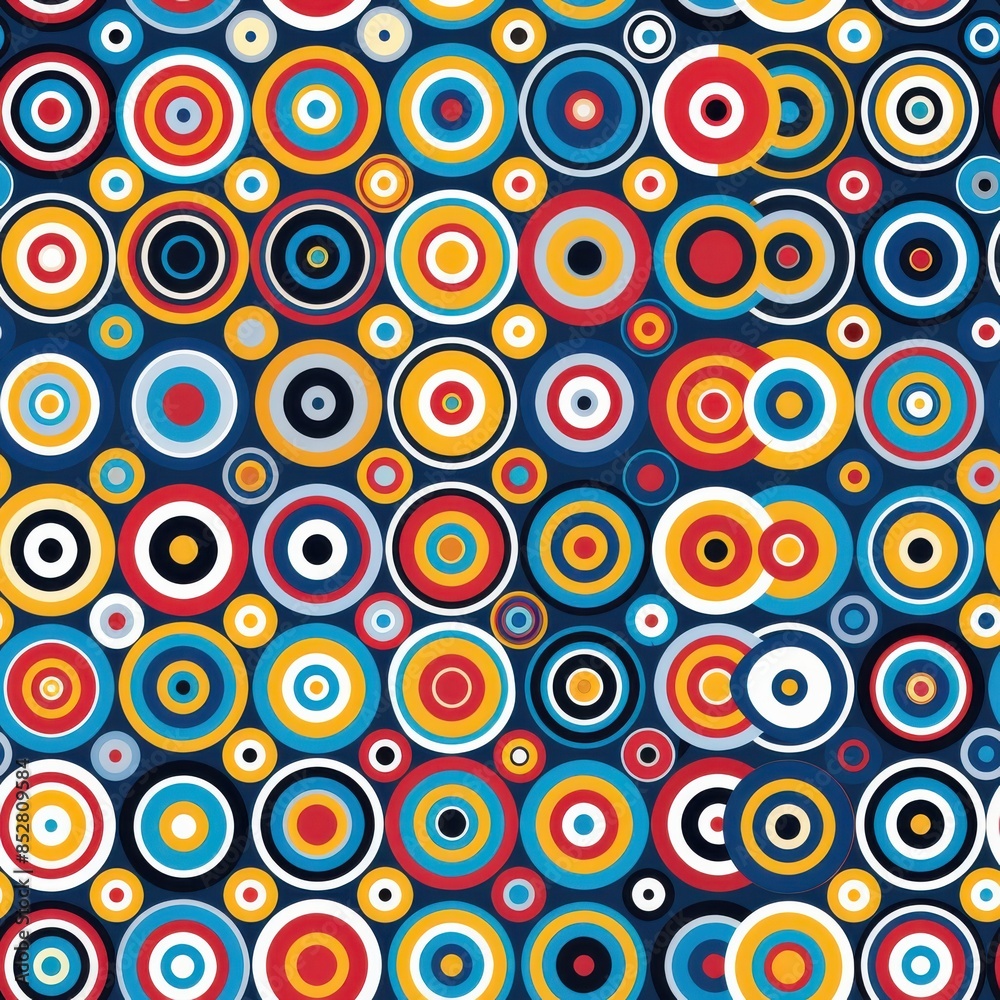 Poster This image features a seamless pattern of colorful, concentric circles on a navy blue background. The circles are arranged in various sizes and overlapping patterns, creating a dynamic and visually st