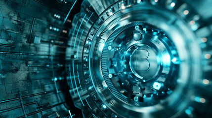 Obraz premium A secure blockchain vault with digital keys and cryptographic symbols, emphasizing the security and integrity of blockchain-based financial systems
