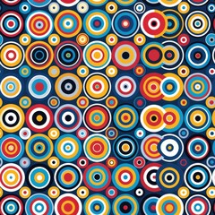 This image features a seamless pattern of colorful, concentric circles on a navy blue background. The circles are arranged in various sizes and overlapping patterns, creating a dynamic and visually st